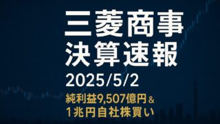 三菱商事(8058)の2025年3月期決算を速報解説。純利益9,507億円、増配・1兆円自社株買いの狙いと今後の株価・投資判断を徹底分析。" >