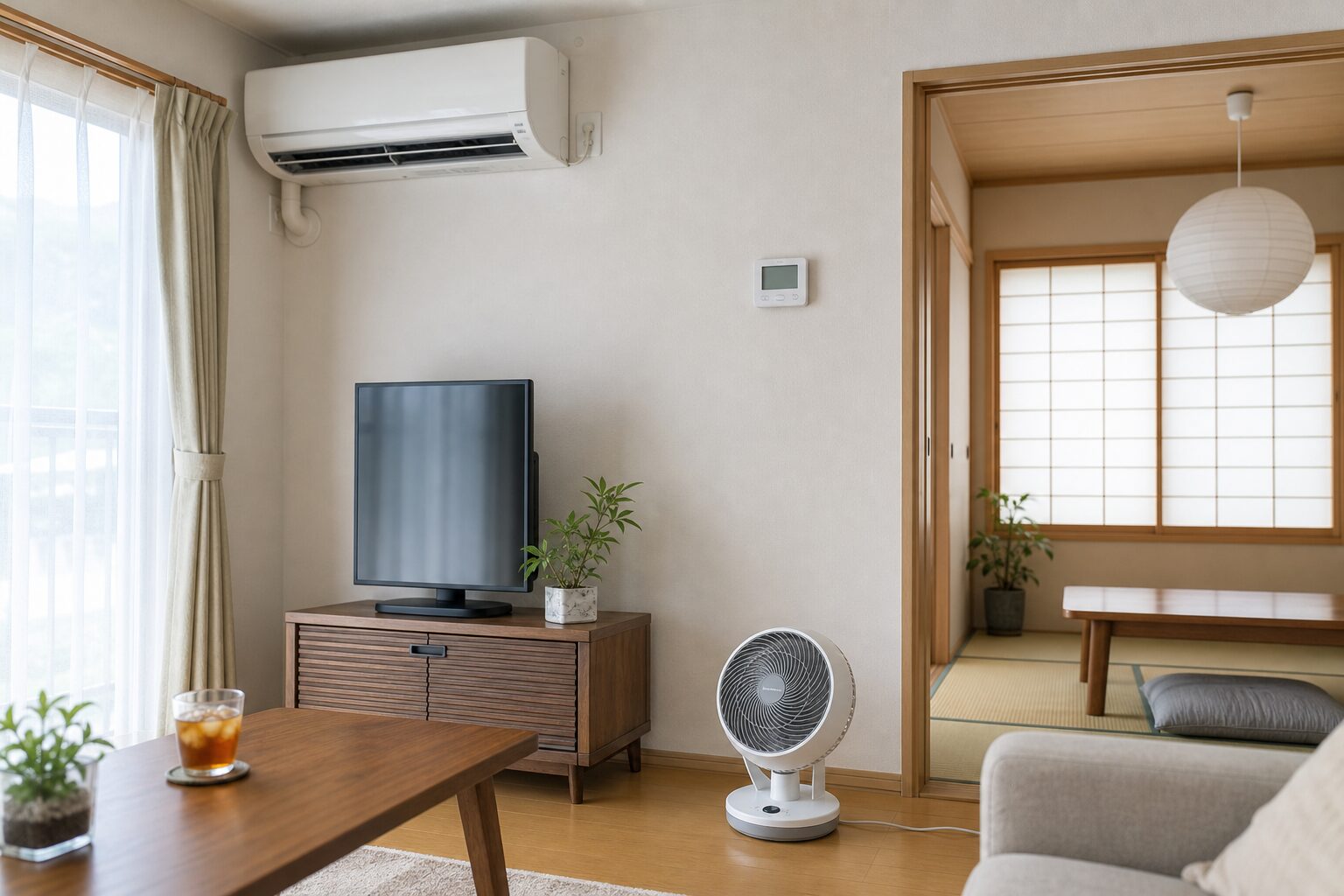 温湿度計とサーキュレーターを使ってエアコンの冷気を循環させる夏のリビング