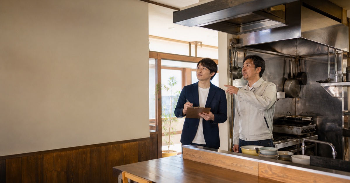 居抜き店舗の厨房と客席を確認する開業予定者