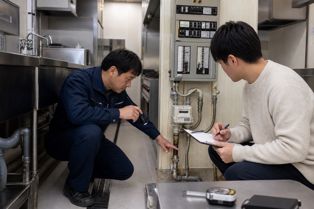 厨房設備や配管を専門家と点検する様子