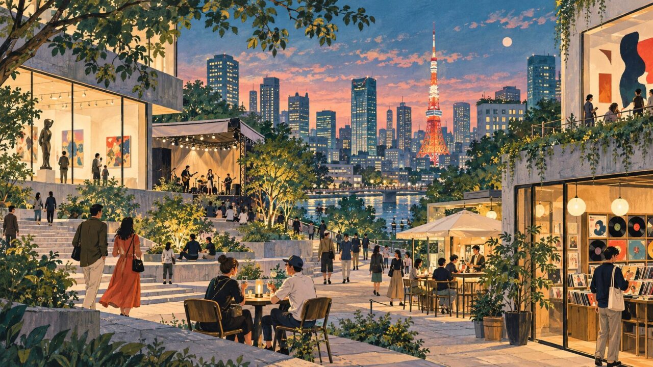 街歩き、アート、食、音楽を楽しむ東京旅行のイメージイラスト