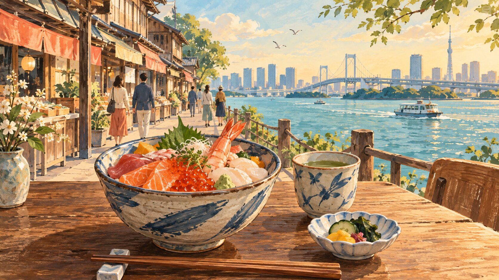 食事と水辺での休憩を楽しむ東京旅行のイメージイラスト