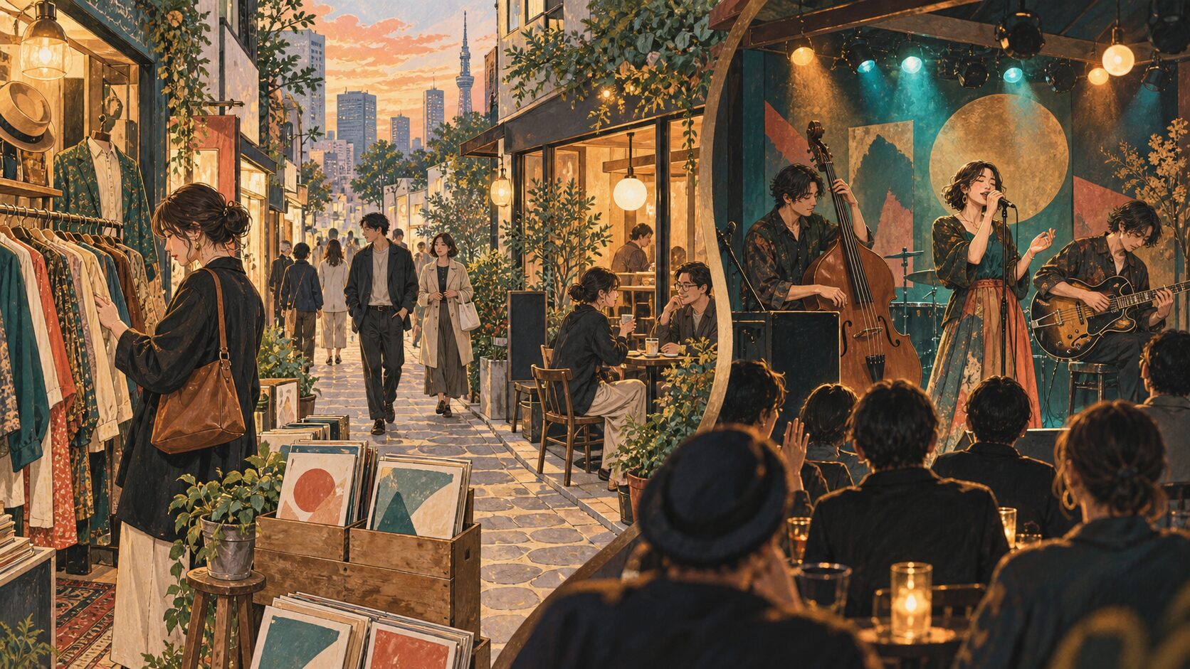 古着やレコードの店巡りと夜のライブ鑑賞を組み合わせたイメージイラスト